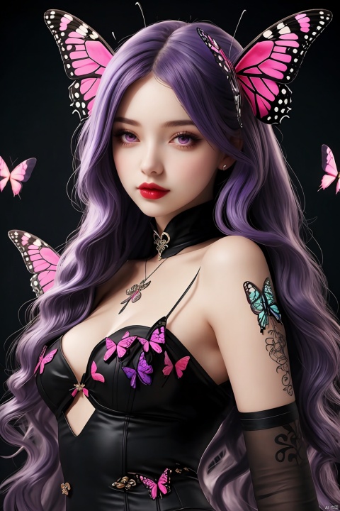 Girl, full body, purple hair, lips, gothic style, butterfly hairpin, butterfly, purple flower background, plenty of details, ultra high definition,