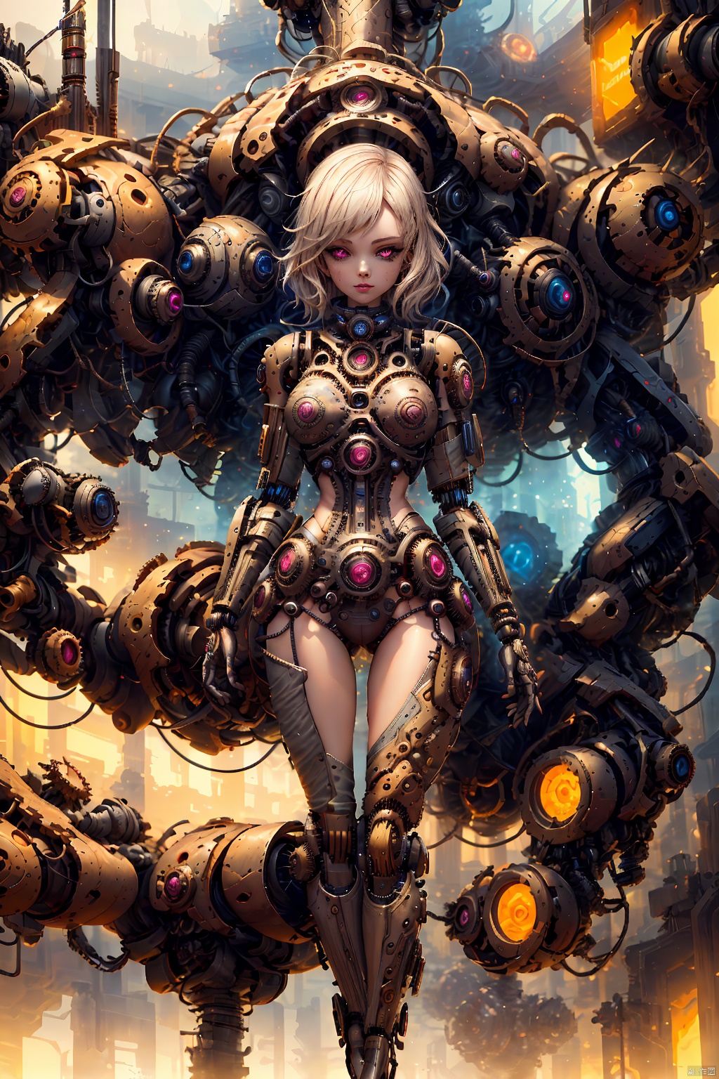  A clock girl with a body composed of gears, a semi mechanical face, complex gears, facial details, body details, whole body, steampunk, ultra high definition,