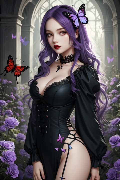 Girl, full body, purple hair, lips, gothic style, butterfly hairpin, butterfly, purple flower background, plenty of details, ultra high definition,