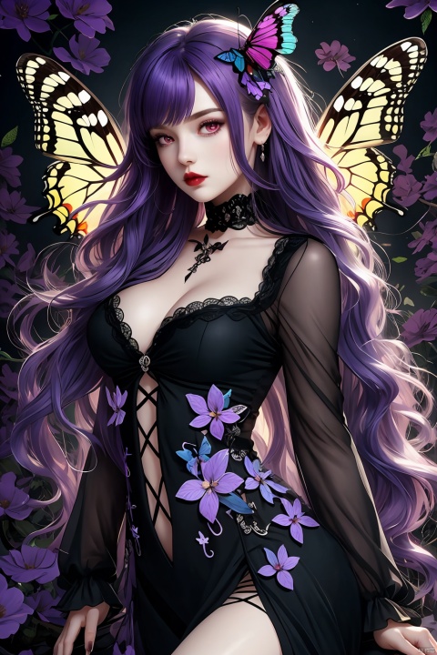 Girl, full body, purple hair, lips, gothic style, butterfly hairpin, butterfly, purple flower background, plenty of details, ultra high definition,