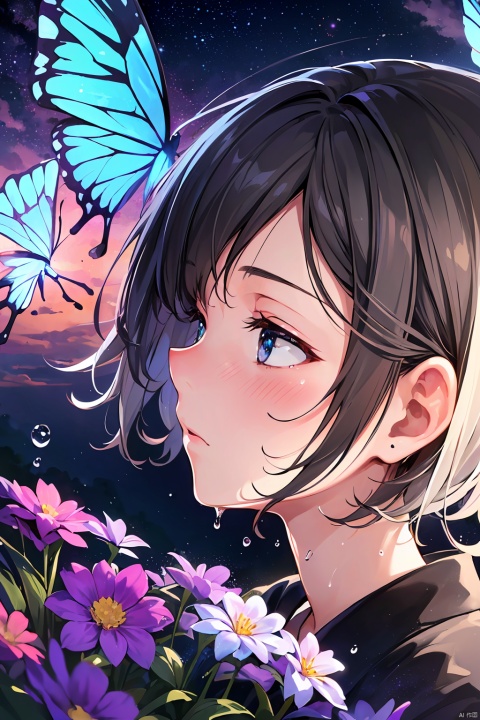 (((Best quality))), (((Ultra detailed))), 1 girl, short hair, bedhead, beautiful detailed flowers, beautiful detailed colorful flowers, water drip, butterfly, viewing from side, looking away, night, stars, hazy, beautiful detailed wet clothes, beautiful detailed sky, night, (((looking away, face down, viewing from side))), butterfly on finger, large field, gray hair, blush
