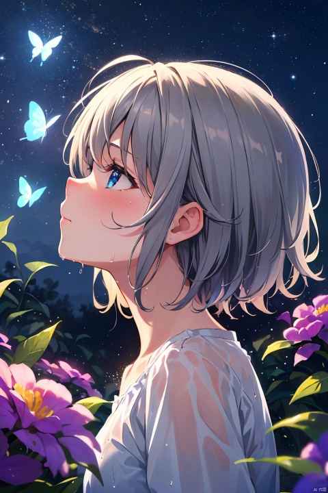 (((Best quality))), (((Ultra detailed))), 1 girl, short hair, bedhead, beautiful detailed flowers, beautiful detailed colorful flowers, water drip, butterfly, viewing from side, looking away, night, stars, hazy, beautiful detailed wet clothes, beautiful detailed sky, night, (((looking away, face down, viewing from side))), butterfly on finger, large field, gray hair, blush