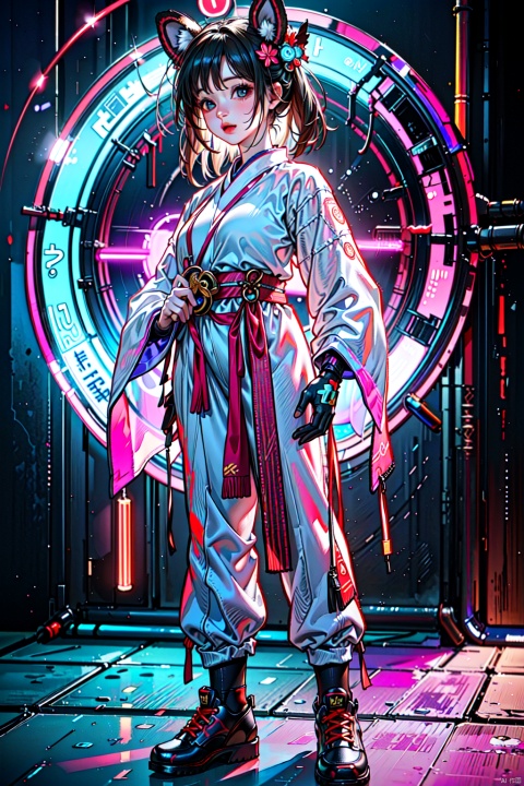  1 girl solo, perfect_hand, (8k, RAW photo, best quality, masterpiece:1.2), (realistic, photo-realistic:1.4), (extremely detailed CG unity 8k wallpaper), ,full body, (neon lights:1.2), machop, mechanical arms, hanfu,
