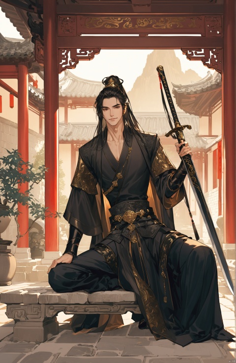 (best quality), ((masterpiece)), (highres), illustration, original, extremely detailed,
Black outfit with metal arm belt. He is tall, foreign-looking, with loose hair, and his weapon is a black gold sword, which he carries on his back. The posture is bold and the expression is cheerful. Sitting in front of a stone table in an ancient Chinese courtyard, on which lies a half-played Go game