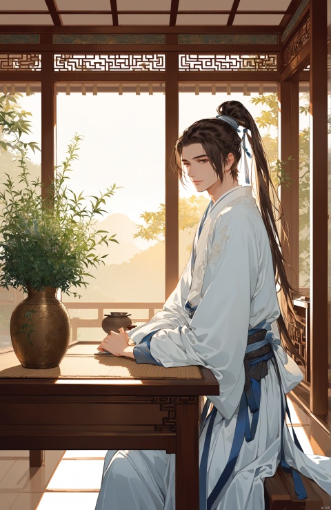  (best quality), ((masterpiece)), (highres), illustration, original, extremely detailed,a boy
figure in simple white hanfu, long hair tied in a low ponytail,Half-length Portrait,, gentle expression, sitting behind a table,some herbal on table,Looking at the Camera,morning,Traditional Chinese  Room