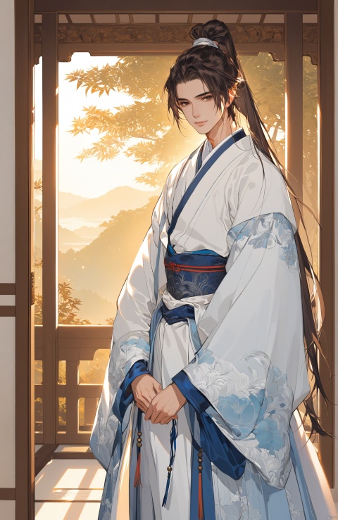 (best quality), ((masterpiece)), (highres), illustration, original, extremely detailed,a boy figure in simple white hanfu, long hair tied in a low ponytail,gentle expression, Looking at the Camera,morning,