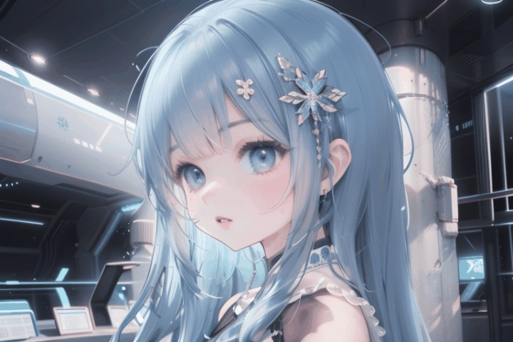  ((masterpiece)), ((best quality)), ((illustration)), extremely detailed,style girl, long shot, small breast,light grey very_long_hair, scifi hair ornaments, beautiful detailed deep eyes, beautiful detailed sky, beautifuldetailed water, cinematic lighting