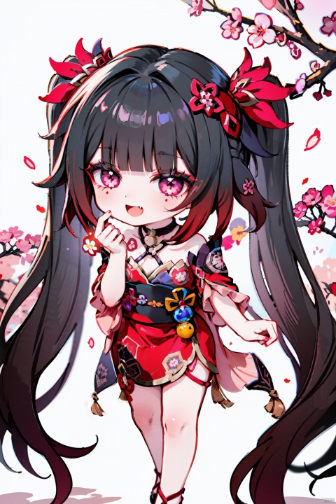 (chibi:1.3), 1girl, solo, cute, young sister, (long hair, twintails hair), (jitome, fangs, open mouth), (girly outfits), background:park, (cherry blossoms, fluttering petals:1.3), 1 little loli,chibi