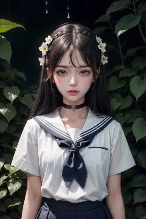  1girl, solo, school uniform, choker, flower, long hair, leaf, looking at viewer, blue theme, serafuku, tears, rain, parted lips, own hands behind back, upper body, crying, sailor collar, jewelry, water drop, crying with eyes open, black choker, black hair, bangs, monochrome, standing between vines, standing between leaves,blue monochrome,doll effect, cremeic effect,