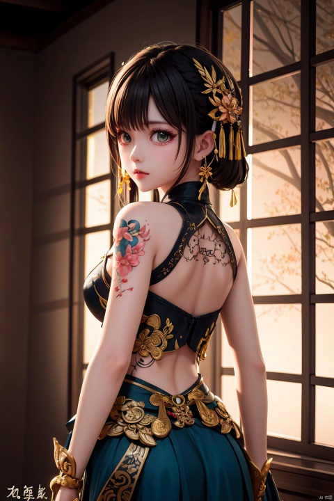 room background, hair ornament,neon, energy ,  (masterpiece:1.4), , (best quality:1.4), (super detail:1.4), (sharp focus), (complex), (HDR), , looking at viewer, precious. glowing tattoos emits light, (\shen ming shao nv\), backlight