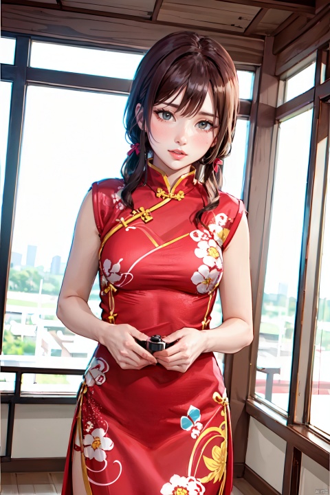  (masterpiece, best quality,top quality, photorealistic),(Good structure),DSLR Quality,1girl,solo,realistic,chinese clothes,cheongsam,cowboy_shot,,aika yamagishi,Depth of field,