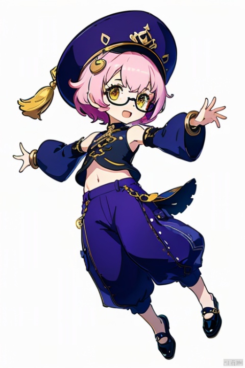  (masterpiece, best quality,top quality),[(white background:1.2)::5],(wide shot:0.95),Dynamic angle,(full body),gicvp,1girl,loli,toddler,loli's body type,sumeru,electro,looking over eyewear,solo,pink hair,pants,hat,tinted eyewear,ring,purple pants,purple headwear,(pince-nez),jewelry,detached sleeves,puffy pants,harem pants,long sleeves,puffy long sleeves,looking at viewer,crop top,sidelocks,yellow eyes,puffy sleeves,navel,outstretched arms,hair between eyes,smile,shirt,multiple rings,bangs,midriff,gold trim,purple-tinted eyewear,black shirt,hair ornament,baggy pants,white sleeves,bare shoulders,vision,nail polish,black footwear,sleeveless shirt,short hair,open mouth,shoes,5fingers,sleeveless,bracelet,puffy detached sleeves,thumb ring,bow,short hair with long locks,tassel,chibi,depth_of_field,particle effects,