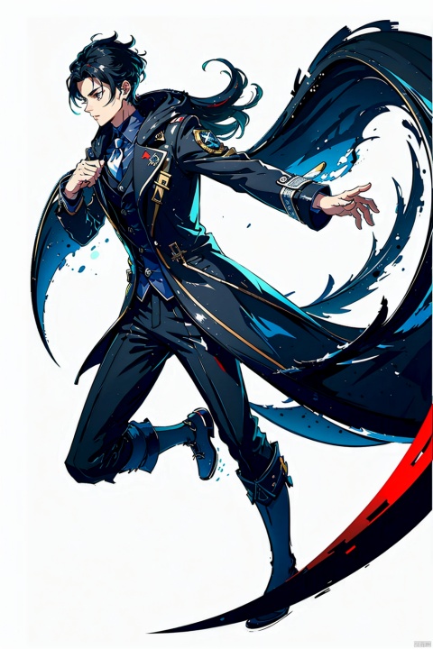  (masterpiece, best quality,top quality),[(white background:1.2)::5],(wide shot:0.95),Dynamic angle,(full body),gicvp,1boy,solo,long hair,black hair,black coat,male focus,pointy ears,eastern dragon horn,detached sleeves,5fingers,depth_of_field,particle effects,
