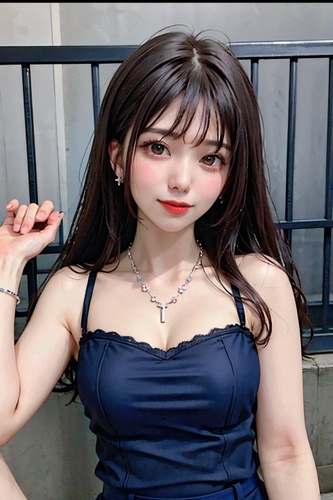  ((masterpiece, highest quality, Highest image quality, High resolution, photorealistic)),(Good structure),DSLR Quality,Depth of field,1girl,blue sleeveless_dress,tattoo,black hair,fence,jewelry,long hair,necklace,solo,tiles,,aika yamagishi,