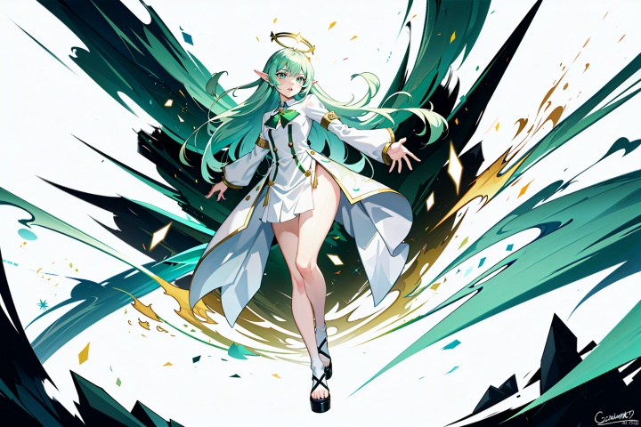  (masterpiece, best quality,top quality),gicard,[(white background:1.3)::5],(wide shot:0.95),(full body),Dynamic angle,solo,1girl,green hair,(green coat:1.1),wavy hair,long hair,elf ears,long_dress,halo,adapted_uniform,cross,looking at viewer,in winter,grove in background,depth_of_field,particle effects,
