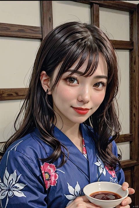  (masterpiece, best quality,top quality),1girl,solo,realistic,cup,long hair,smile,closed mouth,wavy hair,red wine cup,holding cup in right hand,lips,upper body,yukata,japanese clothes,indoos,restaurant,rlooking at viewer,simple background,sake,front view,,aika yamagishi,,