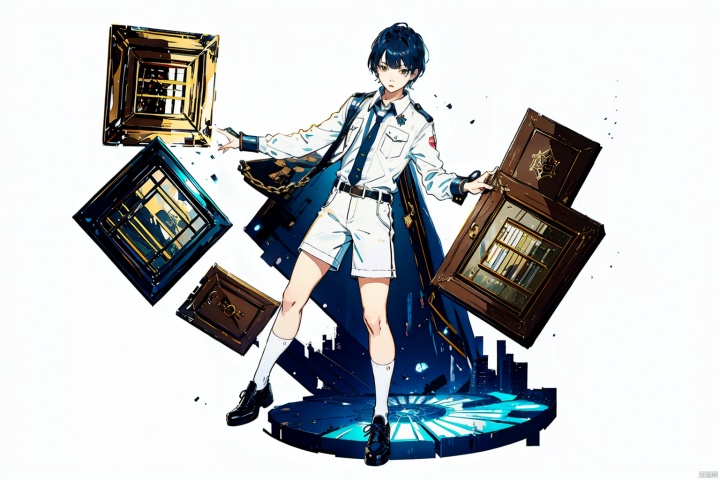  (masterpiece, best quality,top quality),[(white background:1.2)::5],(wide shot:0.95),Dynamic angle,(full body),gicvp,1boy,(early ****:1.4),boy's body type,solo,book,blue hair,shorts,holding book,yellow eyes,holding,simple background,looking at viewer,short hair,high heels,long sleeves,vision,jewelry,earrings,socks,shirt,smile,closed mouth,bangs,frilled sleeves,single earring,alternate costume,white shorts,black footwear,gicard,indoors,books,windows,(library in background),depth_of_field,particle effects,