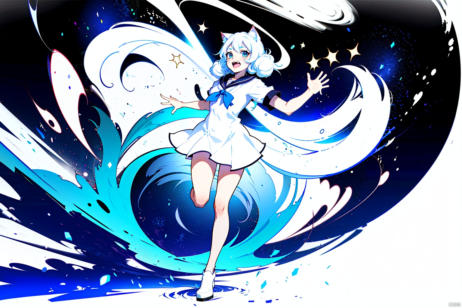  (masterpiece, best quality,top quality),[(white background:1.5)::5],(wide shot:0.95),(full body),Dynamic angle,solo,1girl,looking at viewer,sailor,twintails,cat ears,light blue hair,long hair,laughing,sun,cirrus,sky,beach,depth_of_field,particle effects,palm_tree,penguin, gicard