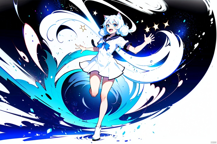  (masterpiece, best quality,top quality),[(white background:1.5)::5],(wide shot:0.95),(full body),Dynamic angle,solo,1girl,looking at viewer,sailor,twintails,cat ears,light blue hair,long hair,laughing,sun,cirrus,sky,beach,depth_of_field,particle effects,palm_tree,penguin, gicard