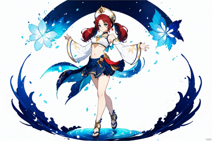 (masterpiece, best quality,top quality),[(white background:1.2)::5],(wide shot:0.95),Dynamic angle,(full body),gicvp,1girl,girl's body type,sumeru,hydro,solo,gladiator sandals,long hair,red hair,veil,long sleeves,crop top,skirt,smile,twintails,bangs,looking at viewer,puffy long sleeves,harem outfit,sandals,thighlet,breasts,stomach,floating hair,puffy sleeves,gold trim,gold footwear,blue skirt,thighs,jewelry,dancer,low twintails,circlet,parted bangs,standing on one leg,closed mouth,standing,aqua eyes,bracer,medium breasts,outstretched arm,detached sleeves,leg up,navel,nail polish,neck ring,white headwear,outstretched hand,bare shoulders,midriff,toes,brooch,very long hair,blue nails,vision,blue bow,clothing cutout,blush,toenail polish,blue gemstone,gicard,water,petals,flying flowers,(stage in background:1.2),depth_of_field,particle effects,