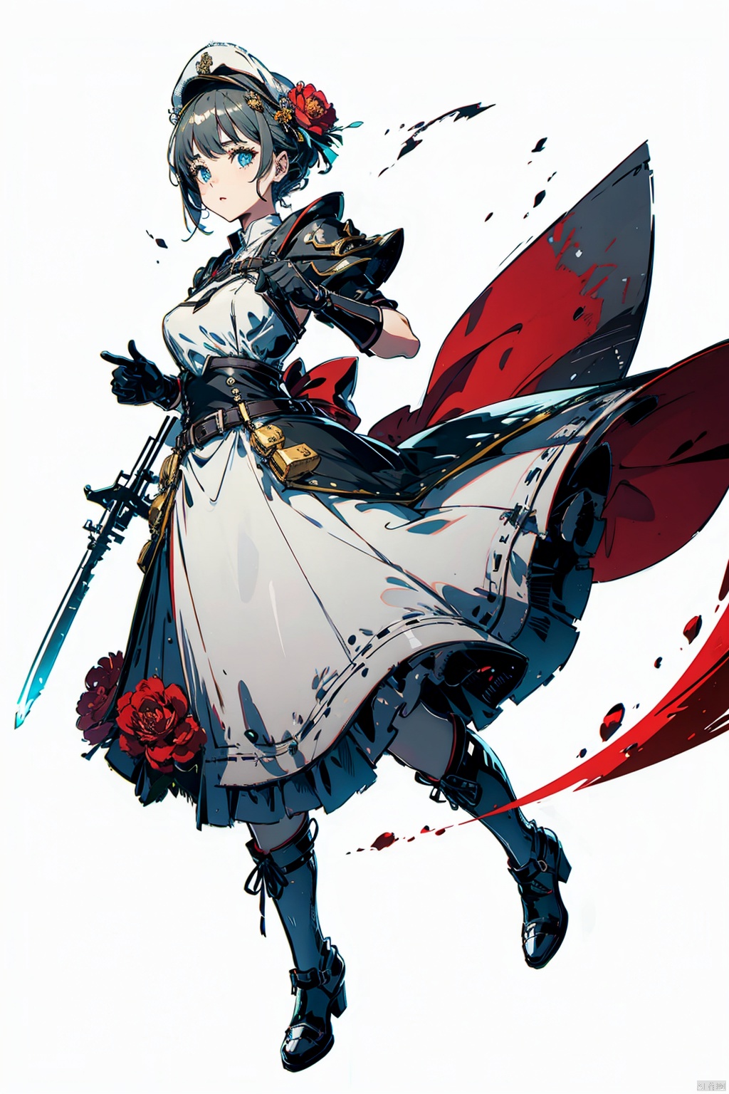  (masterpiece, best quality,top quality),[(white background:1.2)::5],(wide shot:0.95),Dynamic angle,(full body),gicvp,1girl,girl's body type,mondstadt,geo,solo,weapon,sword,armor,short hair,green eyes,flower,maid headdress,holding weapon,maid,simple background,holding,braid,holding sword,(grey hair:1.2),hair ornament,rose,bangs,open mouth,hair flower,boots,looking at viewer,red rose,armored boots,red flower,armored dress,dress,standing,gauntlets,breasts,braided bangs,blunt bangs,shoulder armor,belt,ascot,greatsword,apron,depth_of_field,particle effects,