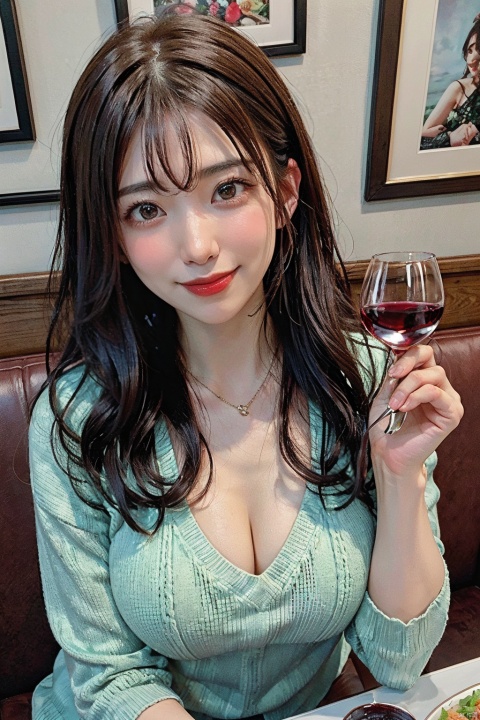  (masterpiece, best quality,top quality),1girl,solo,realistic,long hair,smile,closed mouth,wavy hair,wine glass,holding wine glass in right hand,lips,upper body,cleavage,sweater,green sweater,medium breasts,indoos,restaurant,rlooking at viewer,simple background,sake,front view,,aika yamagishi,,