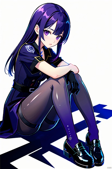  (masterpiece, best quality,top quality),[(white background:1.2)::5],(wide shot:0.95),Dynamic angle,(full body),gicvp,1girl, official, purple eyes, ,black footwear, black pantyhose, purple gloves,simple background, sitting, purple theme,depth_of_field,particle effects,