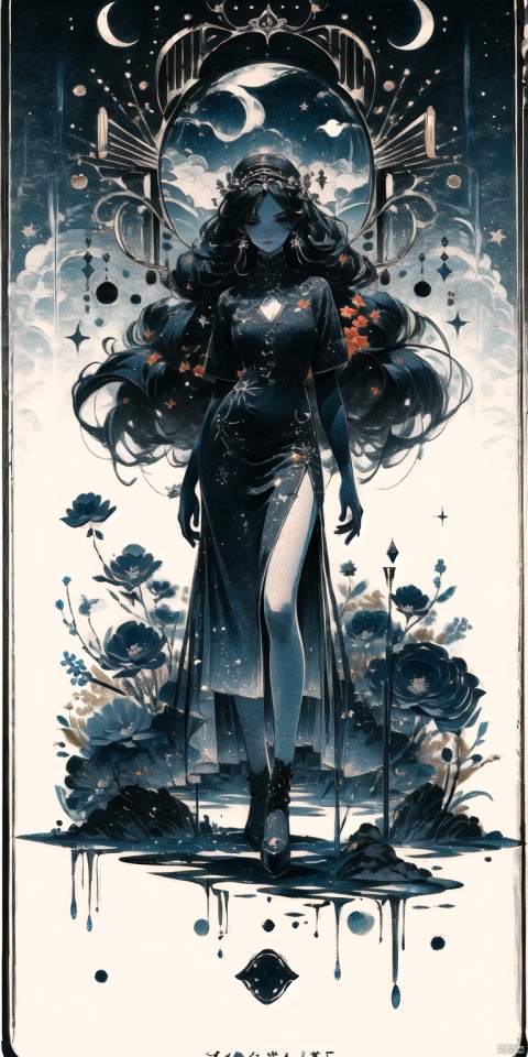 1 girl,masterpiece,standing,long hair,black dress,noble and mysterious,a goddess from the night,just naturally falling, flowing over her shoulders,standing,Cloudy flowers at her feet,White model rendering,4K,Official art,best quality, extremely detailed,CG,C4D,single color,plastic,Handmade, Ink scattering_Chinese style, mLD
