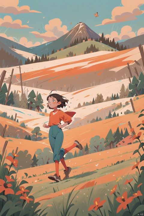 A girl, dressed in red, with blue pants and brown sports shoes, is running in the fields. In the distance, there are mountains, rapeseed flowers, and the background is universe, airplanes, and butterflies