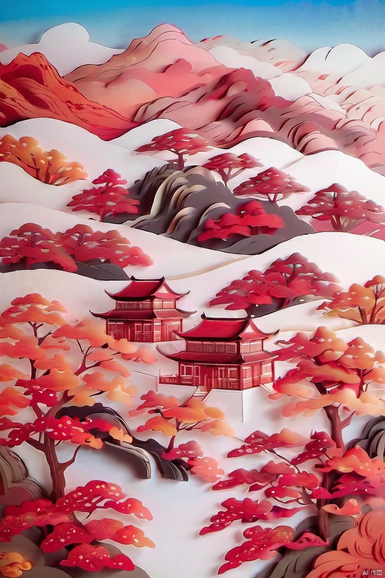 Multi-dimensional paper kirigami craft, with Chinese traditional buildings and
landscape,symmetric composition, clean
background, red and golden color, bright light, clouds and flowers, --ar 3:4 --v 6.0--s 250