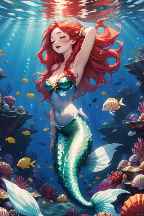  High definition, distant view, mermaid, red long hair, looking up, eyes closed, mouth open, hands raised, seabed, coral, shells