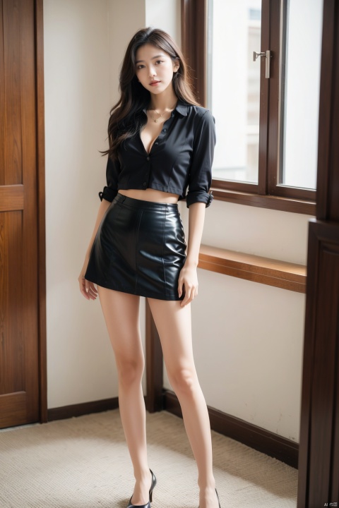 Sexy, black silk, short skirt, big breasts, long legs