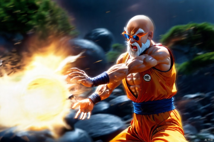 (masterpiece), (realistic:2), (photorealistic:2), detailed/(extreme, highly, ultra/), shot from above, Master Roshi is spelling Kamehameha and energy condenses between hands, (an elder man with white beard/(handlebar moustache, very long goate, white eyebrows, muscular, lot of wrinkles on face, baldness/(no hair/), orange_color thick frame sunglasses with greed_color_lens, (topless:1.5), (dark:1.2), arch lightning, composed of elements of thunder, thunder, electricity, aura, energy wave is a mix of blue hues with a swirling pattern, Perfect Hands, remains background,