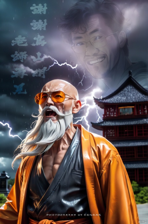 cinematic moody lighting, in Japan graveyard and standing behind a grave and raining and lightning, (dark:1.2), (masterpiece), unreal engine 5, (realistic:1.3), (photorealistic:1.3), detailed/(extreme, highly, ultra/), shot from side and cowboy shot, Master Roshi is wearing orange thick frame sunglasses and orange Chinese clothes and head raised and eyes looking up and (screaming:1.5) and big tears flow from eyes to face, (thin and skinny old man with white beard/(handlebar moustache, Chinese long beard/) and white eyebrows and detailed wrinkles on face and bald head/(shaved head/)), detailed face, 