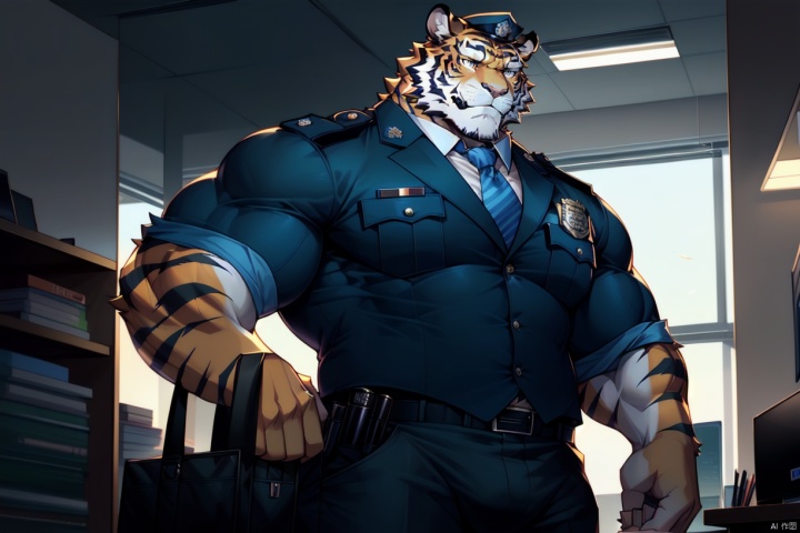  furry,The bag in the pants is very big,Full crotch,A dignified appearance
,Eyes bright and lively,Mighty and domineering,mature,sensuous，A majestic tiger,Muscular,sturdy,middle-aged,Handsome police uniform,office