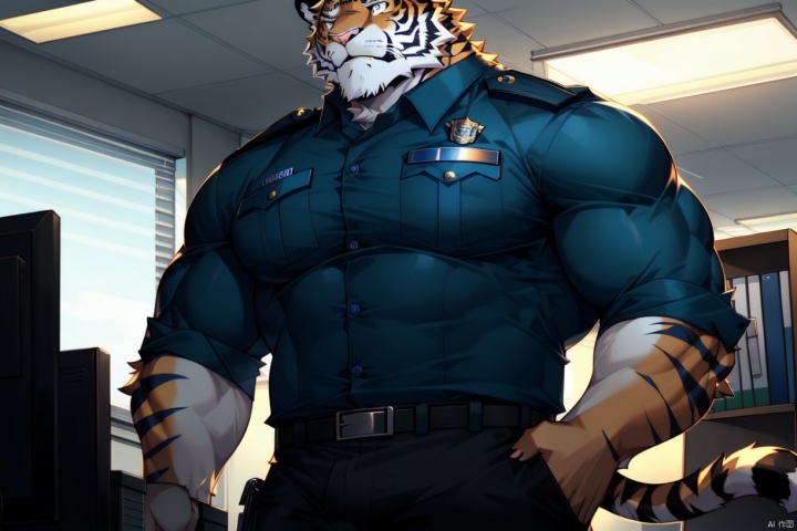 furry,The bag in the pants is very big,Eyes bright and lively,Mighty and domineering,mature,sensuous，A majestic tiger,Muscular,sturdy,middle-aged,Handsome police uniform,office