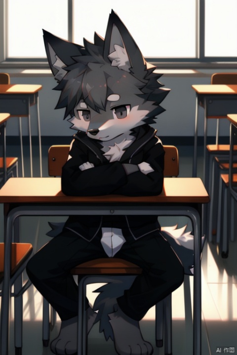 Furry,Cute wolf,young ,child,shota ,gray and black fur,black eyes,sit on the chair,alone,in the classroom.