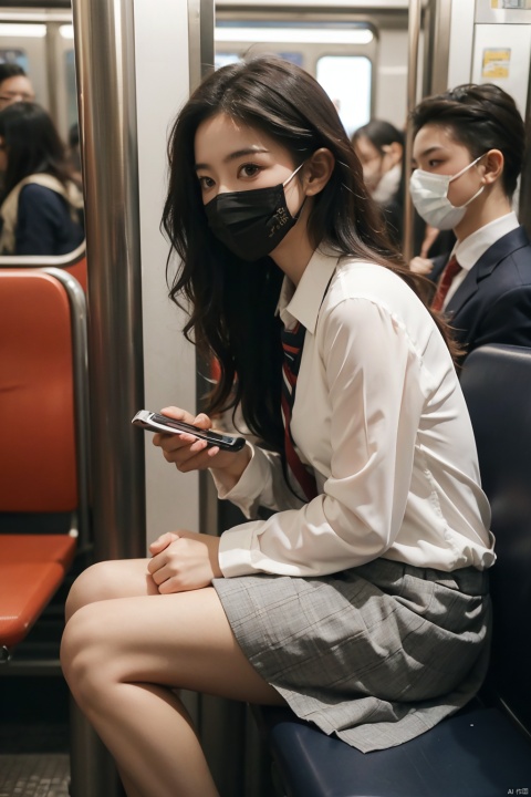 masterpiece,ultra realistic photography,photorealistic, 8k, 1girl, (sitting on subway seat:1.3), (black mask:1.2), solo,(playing phone), school uniform,black wavy hair, Aerial View, front_side view, exposed 
