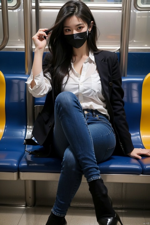  masterpiece,realistic photography,8k, 1girl, (sitting on subway seat:1.3), (black mask:1.3), solo,front view, jeans,black hair,long hair,thighs,(High heels:1.2), shirt,wavy hair,