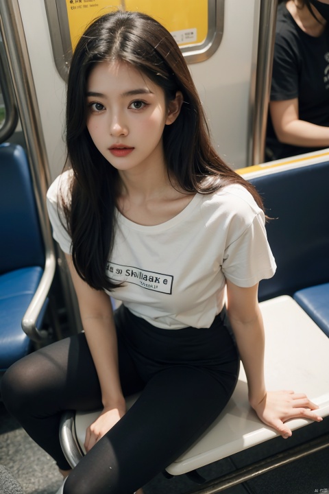 masterpiece,ultra realistic photography,photorealistic, 8k, 1girl, students girl, (sitting on subway seat:1.3), white T-shirt , black leggings, long hair, from above, 