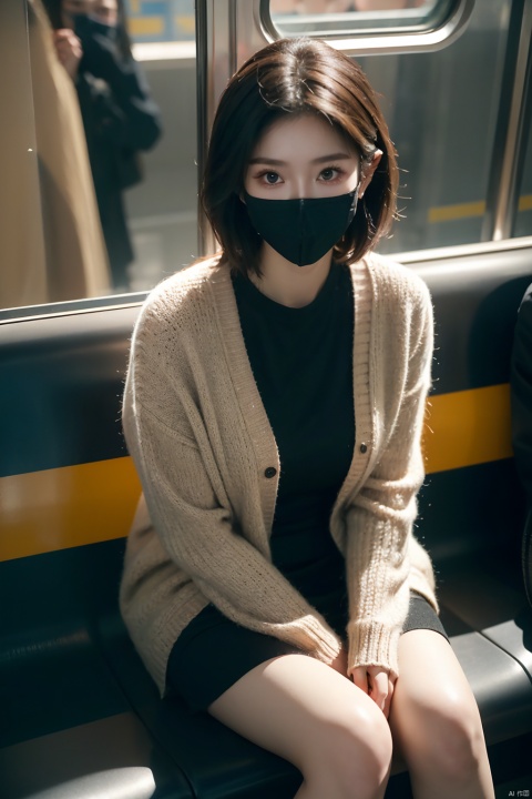 masterpiece,ultra realistic photography,photorealistic, 8k, 1girl, (sitting on subway seat:1.3), (black mask:1.3), soft knitted cardigan, short hair, from above, ((poakl))