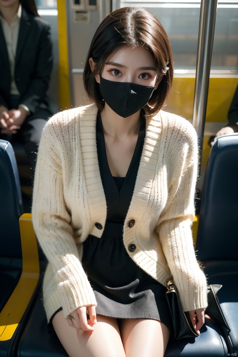 masterpiece,ultra realistic photography,photorealistic, 8k, detailed eye, 1girl, (sitting on subway seat:1.3), (black mask:1.3), soft knitted cardigan, short hair, from above, ((poakl))