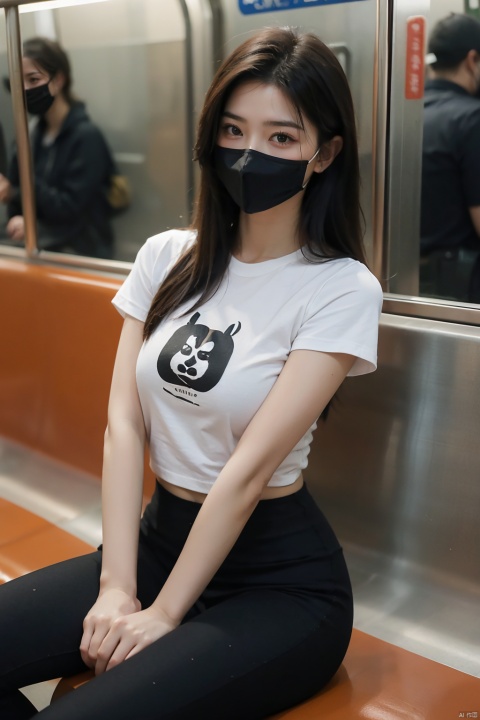  masterpiece,ultra realistic photography,photorealistic, 8k, 1girl, (sitting on subway seat:1.3), (black mask:1.3), cute T-shirtt , black leggings, long hair, from front