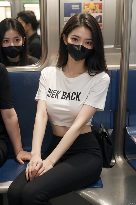 masterpiece,ultra realistic photography,photorealistic, 8k, 1girl, students girl, (sitting on subway seat:1.3), (black mask:1.3), cute T-shirtt , black leggings, long hair, from front