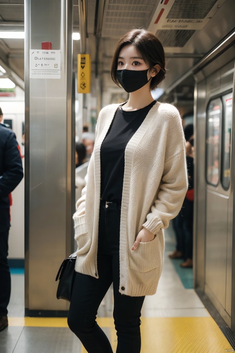 masterpiece,ultra realistic photography,photorealistic, 8k, detailed eye, 1girl, (standing on subway
:1.3), (black mask:1.3), soft knitted cardigan, short hair, from below, ((poakl))