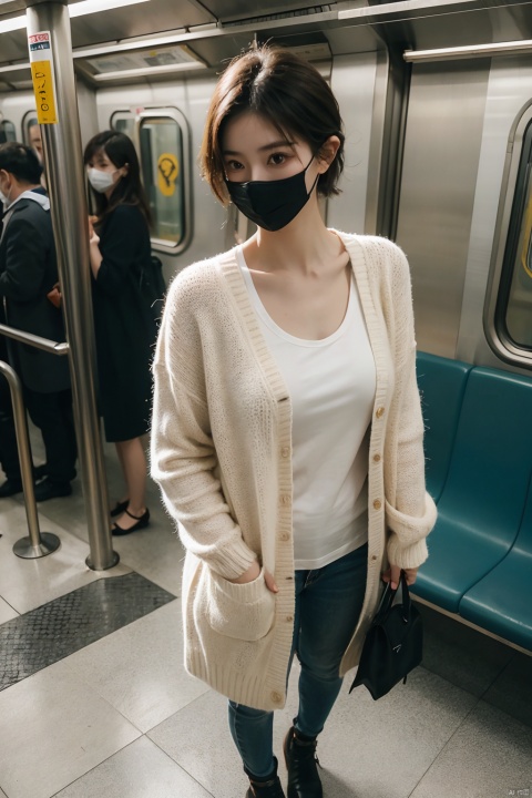 masterpiece,ultra realistic photography,photorealistic, 8k, detailed eye, 1girl, (standing on subway
:1.3), (black mask:1.3), soft knitted cardigan, short hair, from above, ((poakl))