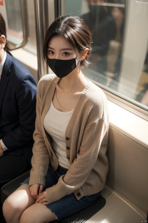 masterpiece,ultra realistic photography,photorealistic, 8k, 1girl, (sitting on subway seat:1.3), (black mask:1.3), soft knitted cardigan, short hair, from above