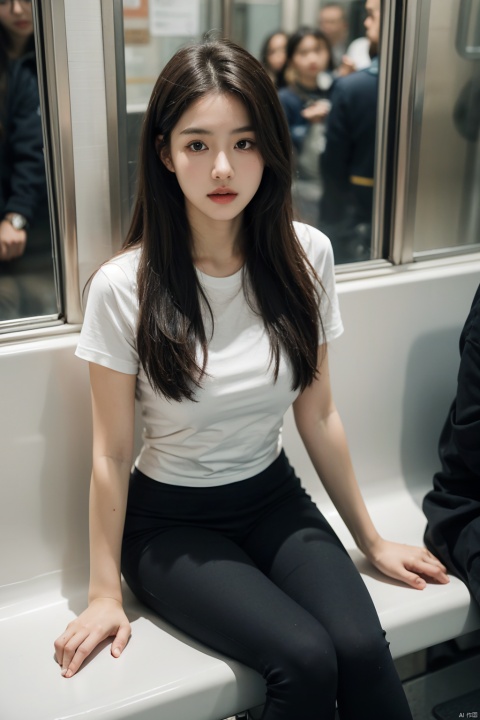 masterpiece,ultra realistic photography,photorealistic, 8k, 1girl, students girl, (sitting on subway seat:1.3), white T-shirt BREAK black leggings, long hair, from above,