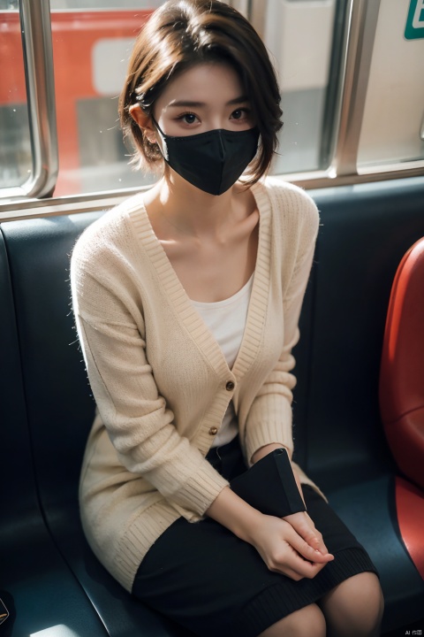  masterpiece,ultra realistic photography,photorealistic, 8k, 1girl, (sitting on subway seat:1.3), (black mask:1.3), soft knitted cardigan, short hair, from above