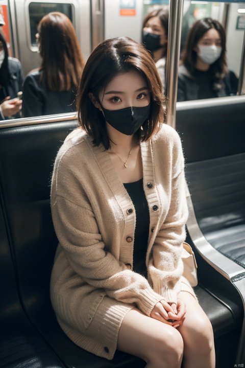  masterpiece,ultra realistic photography,photorealistic, 8k, 1girl, (sitting on subway seat:1.3), (black mask:1.3), soft knitted cardigan, short hair, from above